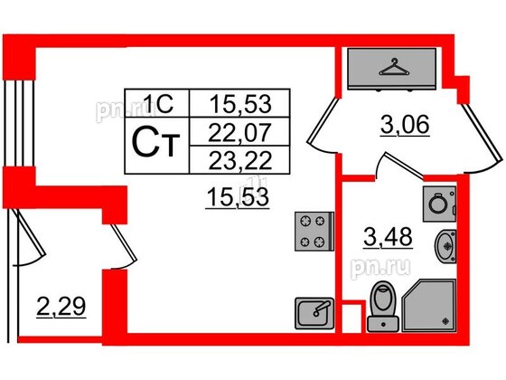 Квартира в ЖК 'Парадный ансамбль', студия, 22.07 м², 1 этаж