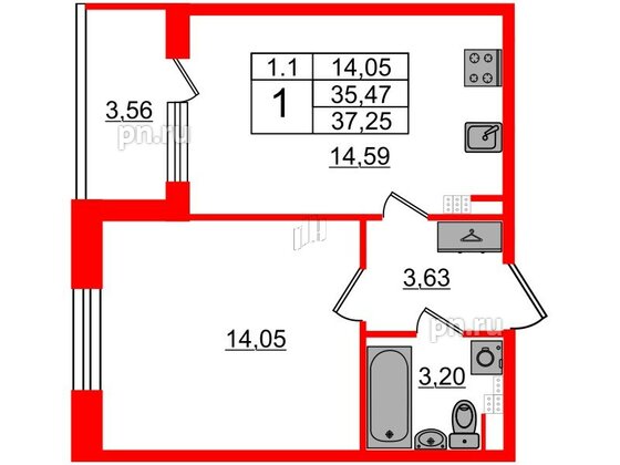 Квартира в ЖК 'Парадный ансамбль', 1 комнатная, 35.47 м², 4 этаж