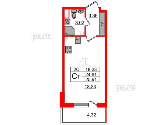 Квартира в ЖК «Парадный ансамбль», студия, 24.61 м², 4 этаж