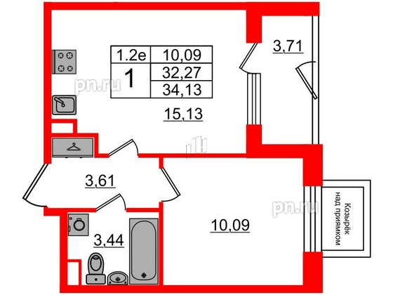 Квартира в ЖК 'Парадный ансамбль', 1 комнатная, 32.27 м², 1 этаж