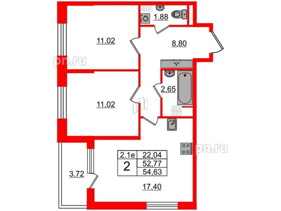 Квартира в ЖК 'Парадный ансамбль', 2 комнатная, 52.77 м², 5 этаж