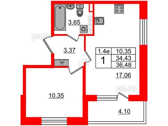 Квартира в ЖК 'Парадный ансамбль', 1 комнатная, 34.43 м², 5 этаж