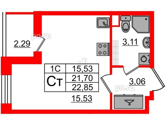 Квартира в ЖК «Парадный ансамбль», студия, 21.7 м², 5 этаж