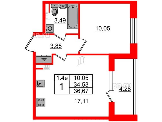 Квартира в ЖК 'Парадный ансамбль', 1 комнатная, 34.53 м², 4 этаж