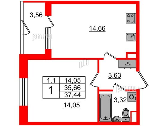 Квартира в ЖК «Парадный ансамбль», 1 комнатная, 35.66 м², 1 этаж