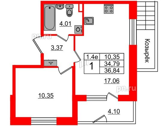 Квартира в ЖК «Парадный ансамбль», 1 комнатная, 34.79 м², 1 этаж