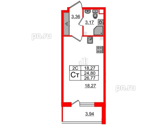 Квартира в ЖК 'Парадный ансамбль', студия, 24.8 м², 3 этаж