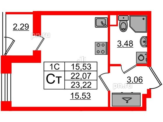 Квартира в ЖК 'Парадный ансамбль', студия, 22.07 м², 1 этаж