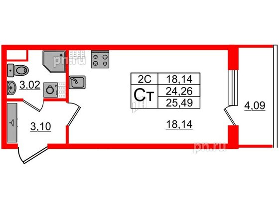 Квартира в ЖК «Парадный ансамбль», студия, 24.26 м², 5 этаж