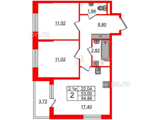 Квартира в ЖК 'Парадный ансамбль', 2 комнатная, 53 м², 3 этаж