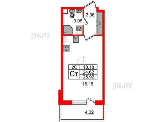 Квартира в ЖК «Парадный ансамбль», студия, 24.62 м², 5 этаж