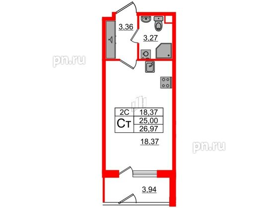 Квартира в ЖК «Парадный ансамбль», студия, 25 м², 1 этаж