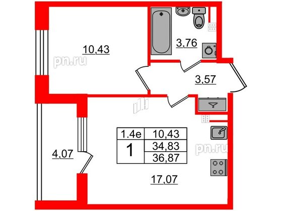 Квартира в ЖК 'Парадный ансамбль', 1 комнатная, 34.83 м², 4 этаж