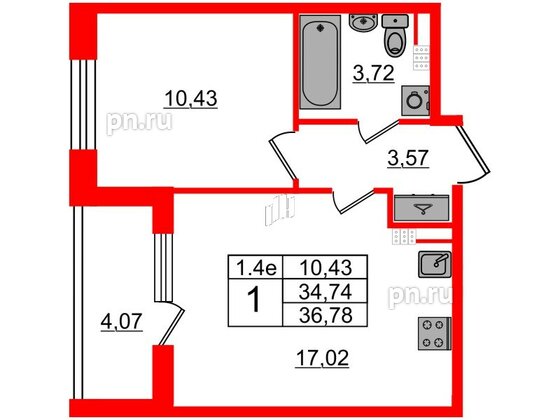 Квартира в ЖК 'Парадный ансамбль', 1 комнатная, 34.74 м², 5 этаж