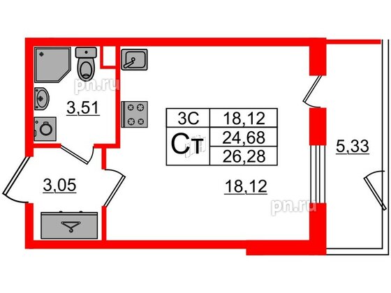 Квартира в ЖК «Парадный ансамбль», студия, 24.68 м², 1 этаж