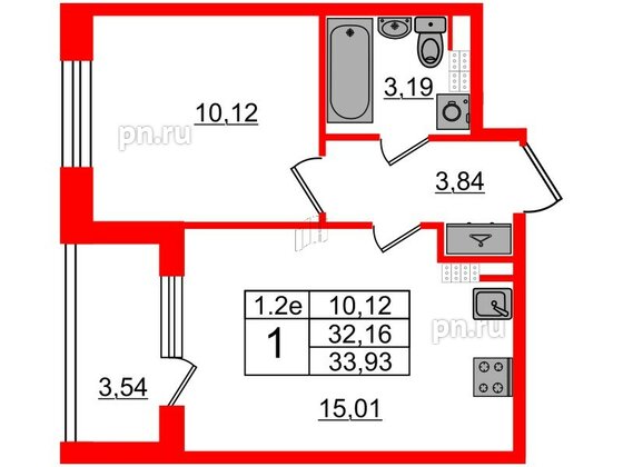 Квартира в ЖК 'Парадный ансамбль', 1 комнатная, 32.16 м², 5 этаж