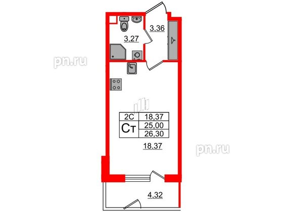 Квартира в ЖК «Парадный ансамбль», студия, 25 м², 1 этаж