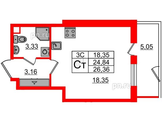 Квартира в ЖК 'Парадный ансамбль', студия, 24.84 м², 1 этаж