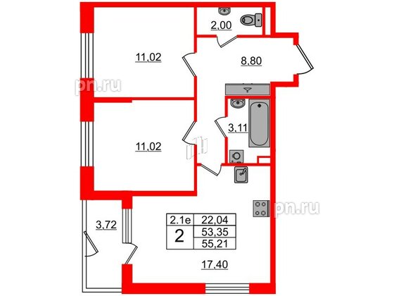 Квартира в ЖК 'Парадный ансамбль', 2 комнатная, 53.35 м², 1 этаж