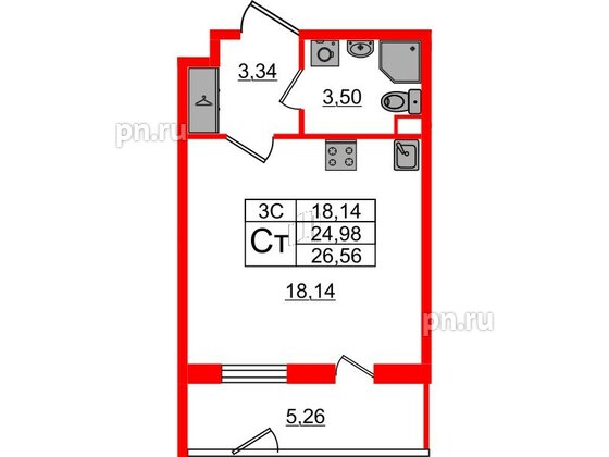 Квартира в ЖК «Парадный ансамбль», студия, 24.98 м², 1 этаж