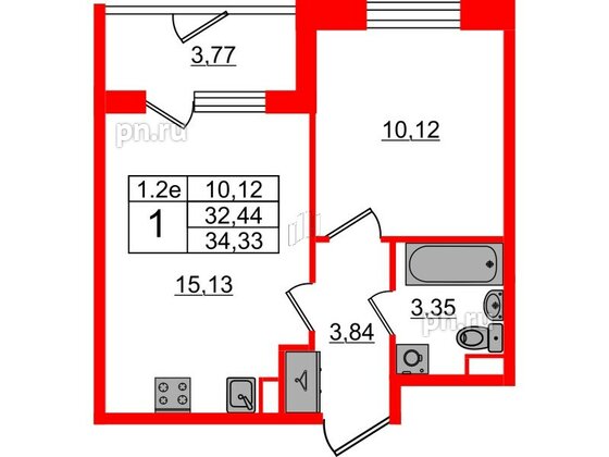 Квартира в ЖК 'Парадный ансамбль', 1 комнатная, 32.44 м², 1 этаж