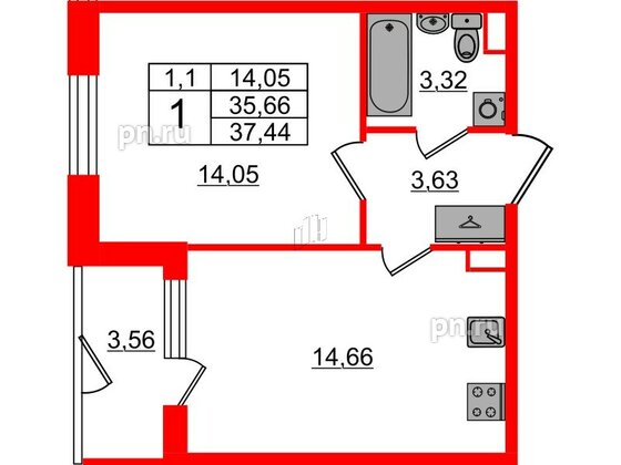 Квартира в ЖК «Парадный ансамбль», 1 комнатная, 35.66 м², 1 этаж