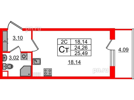 Квартира в ЖК «Парадный ансамбль», студия, 24.26 м², 5 этаж