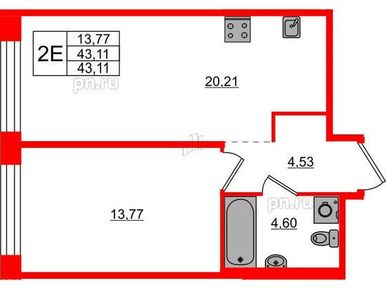 Квартира в ЖК AVANT, 1 комнатная, 43.11 м², 3 этаж