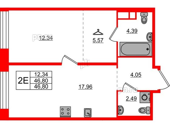 Квартира в ЖК AVANT, 1 комнатная, 46.8 м², 3 этаж