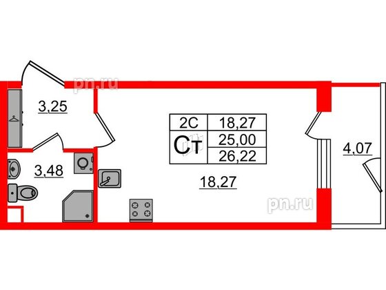 Квартира в ЖК «Парадный ансамбль», студия, 25 м², 1 этаж