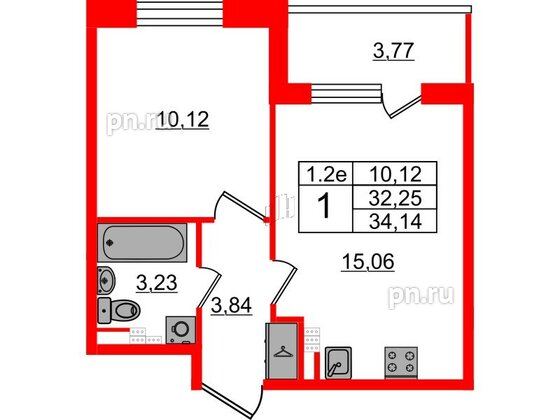 Квартира в ЖК 'Парадный ансамбль', 1 комнатная, 32.25 м², 4 этаж