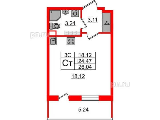 Квартира в ЖК «Парадный ансамбль», студия, 24.47 м², 5 этаж