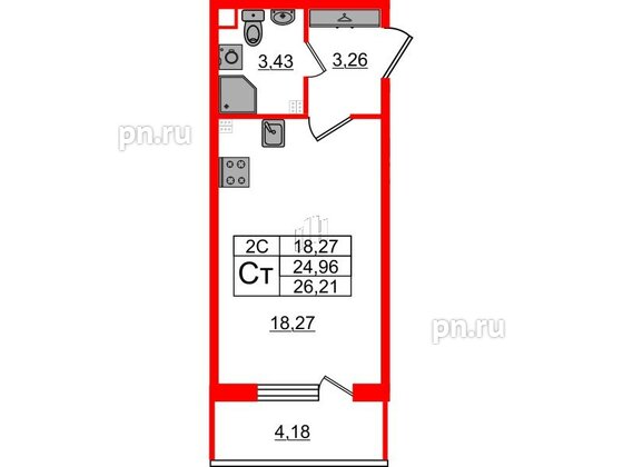 Квартира в ЖК «Парадный ансамбль», студия, 24.96 м², 3 этаж