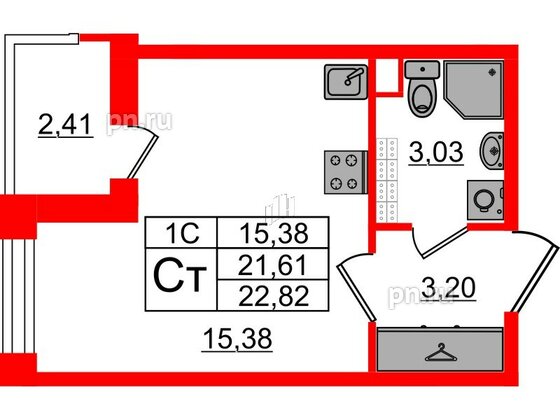 Квартира в ЖК 'Парадный ансамбль', студия, 21.61 м², 5 этаж