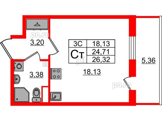 Квартира в ЖК «Парадный ансамбль», студия, 24.71 м², 2 этаж