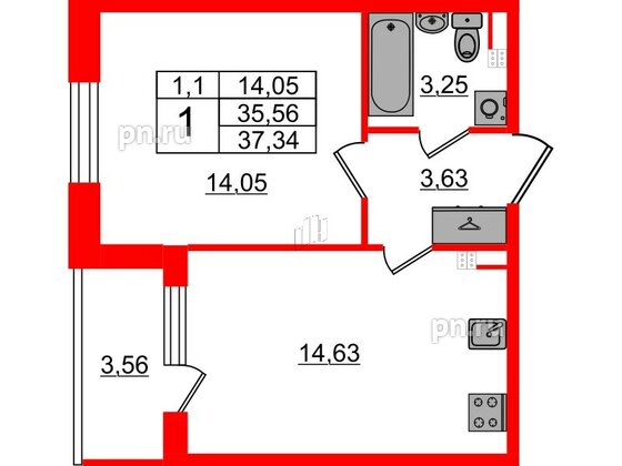 Квартира в ЖК «Парадный ансамбль», 1 комнатная, 35.56 м², 3 этаж