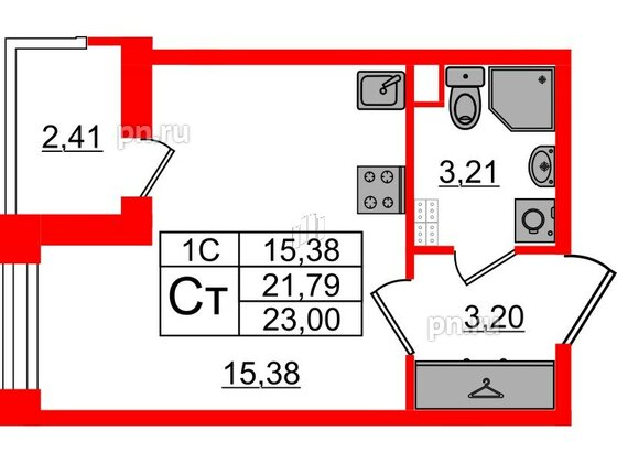 Квартира в ЖК «Парадный ансамбль», студия, 21.79 м², 3 этаж