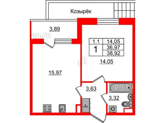 Квартира в ЖК «Парадный ансамбль», 1 комнатная, 36.97 м², 1 этаж