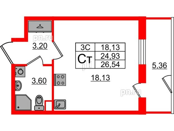 Квартира в ЖК «Парадный ансамбль», студия, 24.93 м², 1 этаж