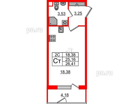 Квартира в ЖК «Парадный ансамбль», студия, 25.16 м², 1 этаж