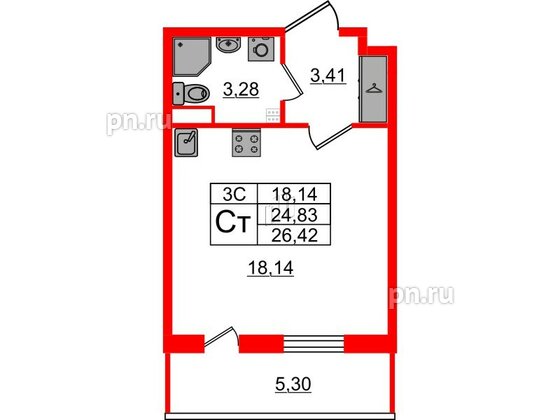 Квартира в ЖК «Парадный ансамбль», студия, 24.83 м², 2 этаж