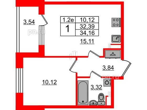 Квартира в ЖК 'Парадный ансамбль', 1 комнатная, 32.39 м², 2 этаж