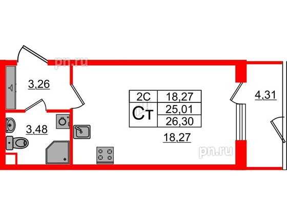 Квартира в ЖК «Парадный ансамбль», студия, 25.01 м², 1 этаж