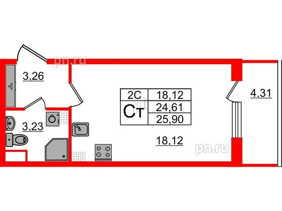 Квартира в ЖК «Парадный ансамбль», студия, 24.61 м², 4 этаж