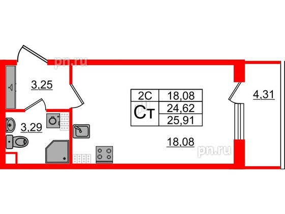 Квартира в ЖК «Парадный ансамбль», студия, 24.62 м², 5 этаж