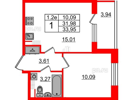 Квартира в ЖК «Парадный ансамбль», 1 комнатная, 31.98 м², 5 этаж