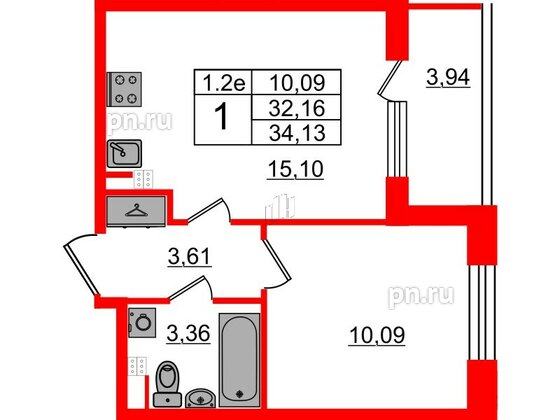 Квартира в ЖК 'Парадный ансамбль', 1 комнатная, 32.16 м², 3 этаж