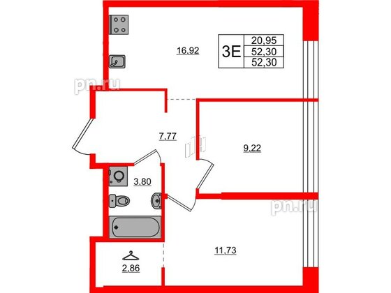 Квартира в ЖК AVANT, 2 комнатная, 52.3 м², 3 этаж