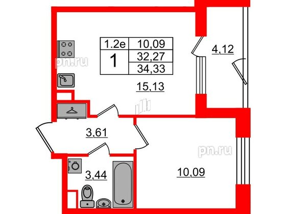 Квартира в ЖК 'Парадный ансамбль', 1 комнатная, 32.27 м², 1 этаж