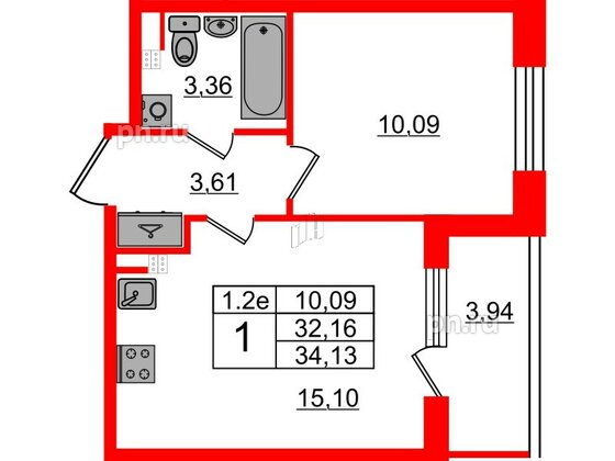 Квартира в ЖК 'Парадный ансамбль', 1 комнатная, 32.16 м², 3 этаж